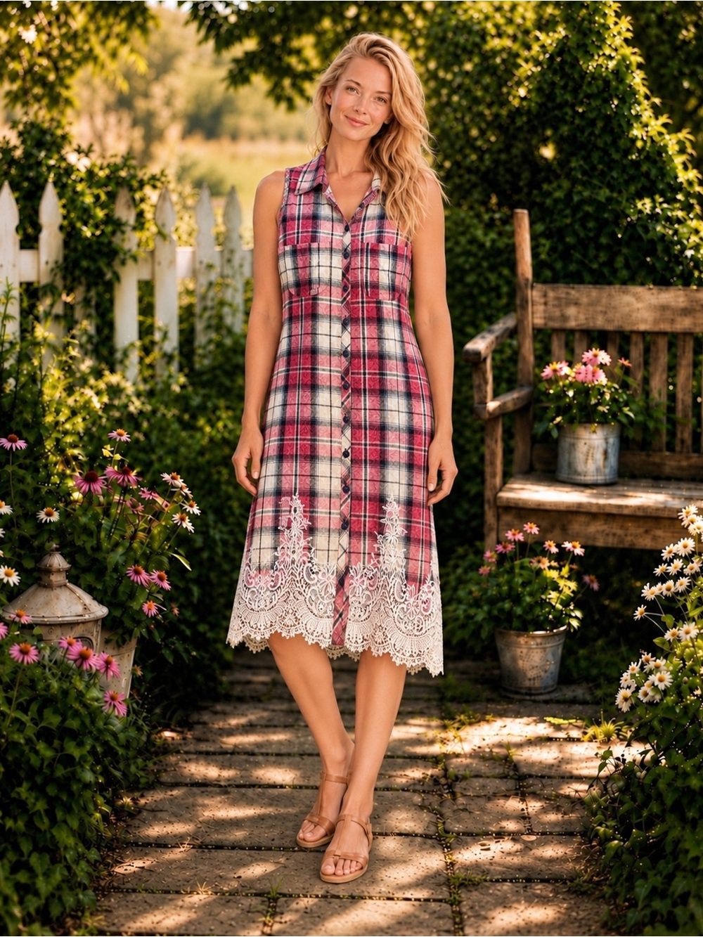 Aratta Plaid Floral Lace Sleeveless Duster Vest XL NWOT
